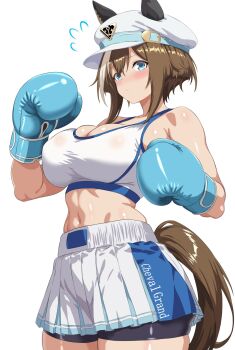 Rule 34 | 1girl, animal ears, black shorts, blue eyes, blush, boxing, boxing gloves, breasts, brown hair, cheval grand (umamusume), closed mouth, commentary request, ears through headwear, hair between eyes, hat, hat belt, highres, horse ears, horse girl, horse tail, kasana, large breasts, long hair, midriff, multicolored hair, navel, peaked cap, shiny skin, shorts, shorts under skirt, simple background, skirt, solo, sports bra, streaked hair, tail, toned, toned female, umamusume, white hair, white hat, white skirt, white sports bra