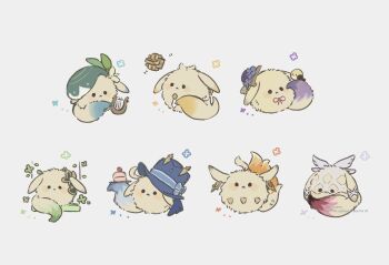 Rule 34 | animal ears, animalization, blue hat, blush, boilmame, columbina (genshin impact), commentary, dodoco (genshin impact), earrings, furina (genshin impact), genshin impact, green hat, grey background, hat, instrument, jewelry, lyre, mask, mavuika (genshin impact), nahida (genshin impact), no humans, purple hat, raiden shogun, simple background, solid circle eyes, symbol-only commentary, tail, twitter username, venti (genshin impact), zhongli (genshin impact)