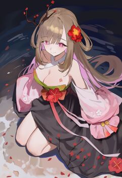 1girl absurdres bare_shoulders black_skirt branch breasts brown_hair check_copyright chest_tattoo cleavage collarbone colored_inner_hair commentary_request copyright_request floral_print flower flower-shaped_pupils flower_tattoo from_above full_body hair_flower hair_ornament highres indie_virtual_youtuber japanese_clothes kimono kimono_partially_removed large_breasts light_smile long_hair long_skirt long_sleeves looking_at_viewer multicolored_hair nbee_ya pink_eyes pink_hair pink_kimono red_flower red_petals seiza sitting skirt solo symbol-shaped_pupils tattoo tree_horns tree_print two-tone_hair wide_sleeves