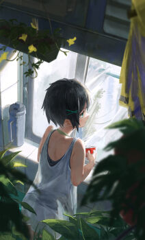 1girl absurdres black_hair blue_eyes commentary_request cup hanging_from_clothesline highres holding holding_cup indoors kitchen mikiton original pajamas plant potted_plant short_hair slice_of_life wind