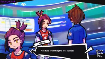 2boys ahoge antenna_hair artist_name black_hair blue_shirt brown_hair collarbone collared_shirt commentary cowboy_shot dialogue_box english_commentary english_text florian_(pokemon) frown highres jacket kieran_(pokemon) looking_at_another male_focus multiple_boys nintendo off_shoulder open_clothes open_jacket parted_lips persona persona_5 pokemon pokemon_scarlet_and_violet purple_hair red_vest shirt shootingstareon short_hair sidelocks single_sidelock teeth user_interface vest white_jacket yellow_eyes