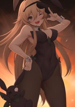 1girl absurdres adachi_t_(xadachit) animal_ears black_leotard blonde_hair breasts brown_eyes commentary detached_collar english_commentary explosion eyewear_on_head fake_animal_ears girls&#039;_frontline green_eyes hand_on_own_hip highres holding holding_removed_eyewear leotard long_hair looking_at_viewer m1918_(bunny_girl)_(girls&#039;_frontline) m1918_(girls&#039;_frontline) medium_breasts necktie official_alternate_costume one_eye_closed open_mouth pantyhose playboy_bunny rabbit_ears stuffed_animal stuffed_rabbit stuffed_toy sunglasses unworn_eyewear very_long_hair wrist_cuffs