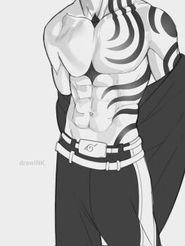 1boy abs artist_name belt belt_buckle boruto:_two_blue_vortex buckle collarbone commentary corrupted_twitter_file cowboy_shot drawink greyscale head_out_of_frame head_tilt highres kawaki_(boruto) konohagakure_symbol male_focus monochrome naruto_(series) navel pectorals solo toned toned_male topless_male