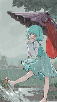 1girl blue_eyes blue_hair blue_vest brown_sandals chinese_commentary commentary_request geta heterochromia highres holding holding_umbrella juliet_sleeves karakasa_obake kori_(pixiv_27692799) long_sleeves looking_at_viewer outdoors puddle puffy_sleeves purple_umbrella rain red_eyes sandals solo tatara_kogasa touhou umbrella vest water