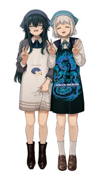 2girls :d ^_^ absurdres apron black_apron black_boots blue_headscarf blue_ribbon boots brown_shoes closed_eyes collared_shirt double_v dragon_print full_body gakuen_idolmaster green_hair grey_apron grey_hair grey_jacket grey_socks hand_up hands_up headscarf highres ibuki_(ibuki0118) idolmaster jacket katsuragi_lilja long_hair multiple_girls neck_ribbon open_mouth plaid_clothes plaid_jacket print_apron ribbon shirt shoes short_hair simple_background smile socks sweat tsukimura_temari v white_background white_shirt
