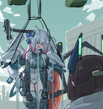 2girls absurdres armored_core armored_core_vi:_fires_of_rubicon blank_eyes brown_hair character_request dolls_nest gundam gundam_gquuuuuux hanging highres is_this_the_rose_of_sharon?_(meme) maxilax mecha meme multiple_girls open_mouth parody robot scene_reference science_fiction white_hair