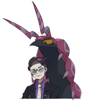 1boy antennae black-framed_eyewear black_jacket collared_shirt corbeau_(pokemon) cropped_torso gen_5_pokemon highres jacket lapels looking_at_another looking_up male_focus mashita._(mentaiko_omoti) necktie nintendo one_eye_closed open_clothes open_jacket open_mouth parted_hair pokemon pokemon_(creature) pokemon_legends:_z-a purple_hair purple_shirt round_eyewear scolipede shirt short_hair simple_background smile solo suit_jacket teeth white_background white_necktie wing_collar yellow_eyes