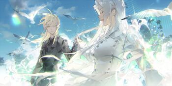 Rule 34 | 2girls, artoria pendragon (fate), bird, black necktie, black suit, blonde hair, closed eyes, cowboy shot, fate/zero, fate (series), formal clothes, hashtag-only commentary, highres, holding hands, irisviel von einzbern, llmia4, multiple girls, necktie, open mouth, saber (fate), sky, smile, standing, suit, upper body, white hair