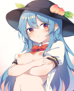 1girl black_hat blue_hair blush bow bowtie breasts closed_mouth commentary_request gradient_background hat highres hinanawi_tenshi leaf long_hair navel nipples open_clothes peach_hat_ornament red_bow red_bowtie red_eyes short_sleeves small_breasts solo tama_(soon32281) touhou upper_body white_background