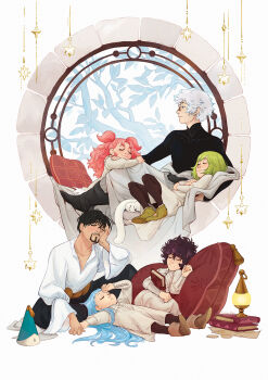 2boys 4girls agott_arklaum_(tongari_boushi_no_atelier) avatarkasia-art beard black_hair black_pants black_shirt blue_hair book brown_pantyhose brushbuddy child closed_eyes coco_(tongari_boushi_no_atelier) connected_beard dress facial_hair green_hair hat highres long_hair lying messy_hair multiple_boys multiple_girls olruggio_(tongari_boushi_no_atelier) on_back pants pantyhose pillow qifrey_(tongari_boushi_no_atelier) red_hair richeh_(tongari_boushi_no_atelier) round_window shirt short_hair simple_background sitting sleeping sleeping_upright smile star_ornament tetia_(tongari_boushi_no_atelier) tongari_boushi_no_atelier two_side_up unworn_hat unworn_headwear white_background white_dress white_hair white_shirt window