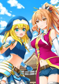 2girls aqua_eyes bandeau bare_shoulders belt blonde_hair blue_bandeau blue_coif blue_shorts blue_skirt blue_sky blue_veil blush cloud cowboy_shot cross cross_necklace dress frilled_skirt frills gear_hair_ornament hand_on_own_cheek hand_on_own_face hands_up high_ponytail highres jewelry kojirou_(kojiou3) latin_cross looking_at_viewer medium_hair multiple_girls neck_ribbon necklace nun ootomo_sourin_(sengoku_otome) orange_eyes orange_hair outdoors pink_dress ponytail ribbon sengoku_otome short_shorts shorts shrine side-by-side sidelocks skirt sky sleeveless sleeveless_dress smile stomach tachibana_dousetsu_(sengoku_otome) veil white_bandeau white_ribbon
