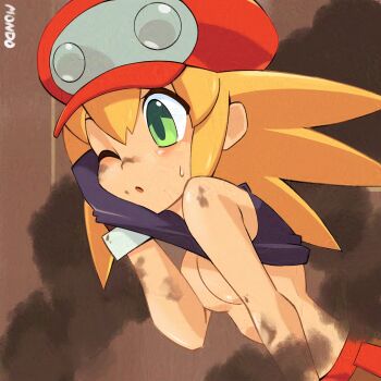 1girl artist_name black_tank_top blonde_hair breasts newsboy_cap clothes_lift green_eyes hat highres long_hair medium_breasts mega_man_(series) mega_man_legends_(series) red_hat red_shorts roll_caskett_(mega_man) shirt_lift shorts smoke solo supermondobeat tank_top upper_body