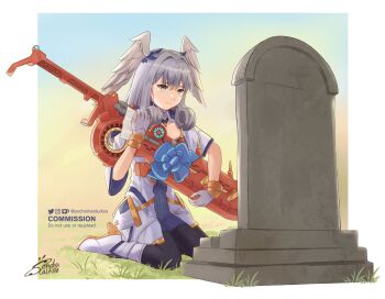 1girl absurdres artist_name black_pantyhose border commentary commission curly_hair english_commentary grey_hair head_wings highres holding holding_sword holding_weapon instagram_username ko-fi_username long_hair melia_antiqua monado outside_border pantyhose pochamastudios signature sitting solo sword tearing_up tombstone twitter_username watermark weapon white_border wings xenoblade_chronicles:_future_connected xenoblade_chronicles_(series) xenoblade_chronicles_1
