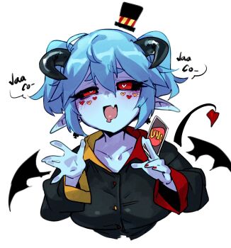 1girl alternate_costume blue_hair demon_girl demon_horns doppel_(bonnypir) heart heart-shaped_pupils highres horns opaluva_(character) original short_hair solo symbol-shaped_pupils uno_(game)