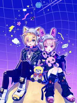 Rule 34 | 1boy, 1girl, absurdres, animal ear helmet, animal ears, animal helmet, black collar, black jacket, black leg warmers, black leggings, black shorts, black straps, blonde hair, blue background, blue hood, blunt bangs, blush, boots, cat ears, clothes writing, collar, colored inner hair, debitto (makaino ririmu), drawstring, fake animal ears, fangs, fingerless gloves, flame print, food print, fruit print, full body, gloves, gradient background, green eyes, grey hair, hair ornament, hair over one eye, hairclip, heart, heart print, heart sticker, helmet, hidoro rara, highres, holding, holding stuffed toy, hood, hood down, hoodie, jacket, lace-up boots, lapels, leg belt, leg tattoo, leg warmers, leggings, lightning bolt print, makaino ririmu, makaino ririmu (6th costume), miniskirt, moon, multicolored hair, nijisanji, notched lapels, o-ring, o-ring collar, o-ring thigh strap, on mini planet, on moon, open clothes, open jacket, open mouth, pink hair, pink jacket, pink shoes, pink skirt, pink streaks, pixel art inset, pointy ears, polka dot, print hoodie, purple background, rabbit ears, red eyes, shoelaces, shoes, short hair, shorts, sitting, skirt, sleeves past wrists, space helmet, spiked collar, spikes, star (symbol), star sticker, sticker, strawberry print, streaked hair, stuffed animal, stuffed rabbit, stuffed toy, tattoo, thigh strap, torn clothes, torn leggings, two-sided fabric, two-sided jacket, two-tone hair, uzuki kou, uzuki kou (5th costume), virtual youtuber, white boots, white helmet, white hoodie, winged heart, winged heart tattoo, wolf cut, yellow trim
