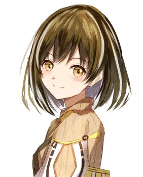 1girl arknights blush brown_hair brown_sweater closed_mouth commentary_request highres looking_at_viewer magallan_(arknights) multicolored_hair partial_commentary portrait short_hair simple_background smile solo split_mouth streaked_hair sweater white_background white_hair yellow_eyes yoi_(a27963244)