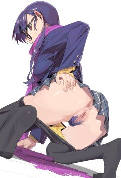 1girl absurdres anus ass black-framed_eyewear black_pantyhose brown_eyes checkered_clothes checkered_skirt clothes_pull colored_pubic_hair female_pubic_hair fingernails glasses hand_on_own_ass highres kneeling long_hair looking_at_viewer mole mole_on_pussy oogaki_chiaki open_mouth panties panty_pull pantyhose pantyhose_pull pubic_hair purple_hair purple_pubic_hair purple_scarf pussy scarf sidelocks simple_background skindentation skirt stained_panties stray_pubic_hair sunny_bitch sweatdrop teeth turning_head uncensored underwear upper_teeth_only white_background yellow_panties yurucamp