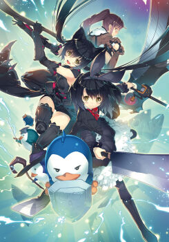 3girls :d animal_ears armor bird black_shorts breasts brown_eyes brown_gloves cat_ears cat_girl cleaver fishing_rod gloves greaves highres holding holding_cleaver holding_fishing_rod holding_scythe holding_staff holding_sword holding_weapon long_hair long_sleeves looking_at_viewer mage_staff multiple_girls open_mouth original penguin ponytail purple_hair scythe shield shorts smile staff sword ueda_ryou weapon