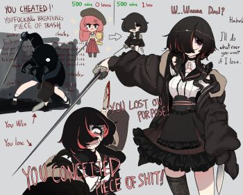 1girl absurdres angry beret black_hair blood bloody_weapon broken centurii-chan colored_bangs commentary crying crying_with_eyes_open detached_collar english_commentary english_text eyeliner frown hair_over_one_eye hat highres kitchen_knife knife leggings leggings_around_one_leg long_skirt looking_at_viewer makeup medal miniskirt one_eye_in_shadow original pink_hair pleated_skirt profanity raised_eyebrow rapier runny_makeup shaded_face skirt socks sword tears transformation trophy weapon