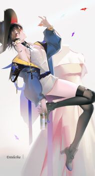 1girl absurdres arknights bare_shoulders black_boots black_collar black_hair blue_jacket boots can character_name closed_mouth collar commentary creature creature_on_shoulder cross dress earrings entelechia_(arknights) entelechia_(dazzling_blue)_(arknights) flower flower_earrings full_body hair_between_eyes hand_up hat high_heel_boots high_heels highres holding holding_can jacket jewelry legs ligod long_sleeves looking_at_viewer multicolored_jacket off_shoulder official_alternate_costume on_shoulder open_clothes open_jacket red_eyes short_hair sitting sleeveless sleeveless_dress solo star-shaped_pupils star_(symbol) symbol-shaped_pupils thigh_boots thighs two-tone_jacket white_background white_dress yellow_jacket