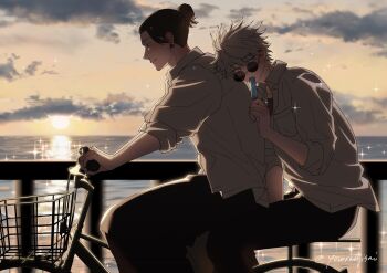 2boys bicycle bicycle_basket black_hair black_pants black_shirt blue_eyes closed_mouth cloud collared_shirt commentary_request food from_side getou_suguru gojou_satoru hair_bun hair_slicked_back highres holding holding_food holding_popsicle jujutsu_kaisen male_focus multiple_boys ocean orange_sky outdoors pants popsicle riding riding_bicycle shirt short_hair single_hair_bun sky sparkle sunset twitter_username white_hair white_shirt yozoraajisai