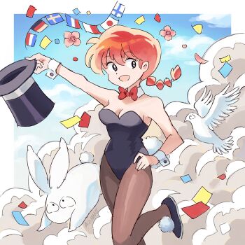 1girl :d animal_ears aquanut bird black_leotard blue_eyes blue_sky bow bowtie braid breasts cleavage commentary confetti cowboy_shot detached_collar fake_animal_ears finnish_flag flower french_flag german_flag hand_on_own_hip hashtag-only_commentary hat holding holding_unworn_clothes holding_unworn_hat japanese_flag leotard medium_breasts open_mouth pantyhose pink_flower playboy_bunny rabbit rabbit_ears rabbit_tail ranma-chan ranma_1/2 red_bow red_bowtie red_hair signature single_braid sky smile strapless strapless_leotard string_of_flags tail unworn_hat unworn_headwear white_bird wrist_cuffs