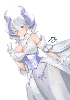 1girl azaz_(4423442344234423) blush breasts cleavage closed_mouth corset demon_girl demon_horns detached_collar dress drill_hair duel_monster gloves grey_corset hair_between_eyes highres horns large_breasts looking_at_viewer lovely_labrynth_of_the_silver_castle medium_hair simple_background solo strapless strapless_dress twin_drills white_background white_dress white_gloves yu-gi-oh!