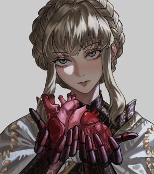Rule 34 | 1girl, blonde hair, braid, elden ring, elden ring: shadow of the erdtree, green eyes, grey background, heart (organ), highres, holding heart (organ), long sidelocks, looking at viewer, needle knight leda, nouveaudepart 0, portrait, sidelocks, simple background, solo