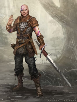 Rule 34 | 1boy, absurdres, arm tattoo, armor, artist name, bald, baldur's gate, belt, boo (baldur's gate), bracer, brown footwear, dungeons & dragons, earrings, english text, hamster, hand up, head tattoo, highres, holding, holding sword, holding weapon, jewelry, knife, looking at viewer, male focus, maxime brienne, minsc, o-ring, outdoors, pouch, scale armor, sheath, sheathed, signpost, solo, standing, sword, tattoo, tree, weapon