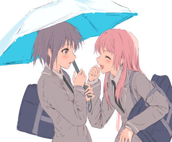 2girls bag bang_dream! bang_dream!_it's_mygo!!!!! bare_shoulders blazer blue_bag blue_umbrella blush brown_eyes chihaya_anon closed_eyes collared_shirt commentary facing_another green_necktie grey_hair grey_jacket haneoka_school_uniform jacket long_hair multiple_girls necktie open_mouth pink_eyes revision school_bag school_uniform shirt shoulder_bag simple_background takamatsu_tomori umbrella white_background yukitake_(bullfalk)