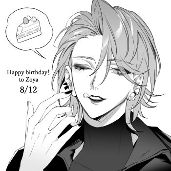 1girl asymmetrical_bangs cake character_name collared_coat commentary_request covered_collarbone crumbs dated ear_piercing earrings english_text eyelashes eyes_visible_through_hair eyeshadow flower flower_earrings food food_bite fruit greyscale hair_between_eyes hand_up happy happy_birthday highres jewelry lipstick looking_at_viewer makeup mismatched_earrings monochrome multiple_earrings nail_polish one_eye_closed open_mouth path_to_nowhere piercing rose shirt short_hair simple_background sleeveless sleeveless_shirt smile solo speech_bubble spoken_food strawberry strawberry_shortcake teeth thick_eyebrows toho10min turtleneck turtleneck_shirt upper_body white_background zoya_(path_to_nowhere)