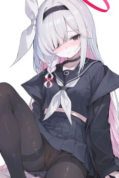 1girl :| absurdres artist_name black_choker black_coat black_eyes black_hairband black_panties black_pantyhose black_sailor_collar black_serafuku black_shirt black_skirt blue_archive blush braid breasts cameltoe choker closed_mouth coat collarbone colored_inner_hair dot_nose eyelashes gluteal_fold hair_between_eyes hair_over_one_eye hair_ribbon hairband halo highres knee_up legs loli long_eyelashes long_hair long_sleeves looking_at_viewer multicolored_hair neckerchief open_clothes open_coat pale_skin panties panties_under_pantyhose pantyhose pantyshot pink_hair plana_(blue_archive) pleated_skirt red_halo red_pupils ribbon sailor_collar school_uniform serafuku shirt sidelocks simple_background single_braid sitting skirt sleeves_past_wrists small_breasts solo split_mouth sweatdrop tateishi_kureha thighband_pantyhose thighs two-tone_hair underwear very_long_hair white_background white_hair white_neckerchief white_ribbon