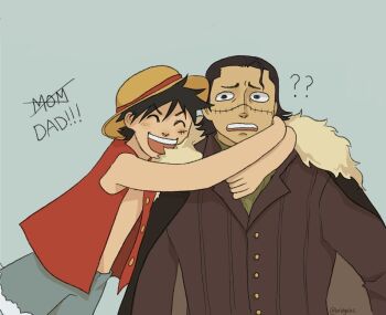 Rule 34 | 2boys, ?, ??, ascot, black hair, blue background, blue shorts, bridgekc, commentary, crocodile (one piece), english commentary, green ascot, hat, highres, hug, male focus, monkey d. luffy, multiple boys, one piece, red shirt, scar, scar on face, shirt, short hair, shorts, simple background, sleeveless, sleeveless shirt, stitched face, stitches, straw hat, tumblr username