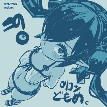 1girl ;< arms_behind_back backbeako_(torotei) backbeard blue_background blush breasts camisole collarbone commentary dated dated_commentary dutch_angle full_body gegege_no_kitarou hair_over_one_eye hair_ribbon kono_lolicon_domome loli long_hair looking_at_viewer micro_shorts monochrome navel no_shoes one_eye_closed original paid_reward_available pointy_ears ribbon shorts simple_background small_breasts solo standing stomach striped_clothes striped_thighhighs thighhighs torotei translated twintails watermark web_address