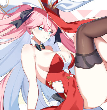 1girl absurdres ass bare_shoulders blue_eyes bow bowtie breasts brown_thighhighs cleavage clothing_cutout colored_inner_hair commentary detached_collar dress earrings grin hair_bow hat highres jewelry large_breasts legs_up long_hair looking_at_viewer luna_(star_savior) multicolored_hair pink_hair red_dress red_hat side_cutout single_thighhigh smile solo star_savior strapless strapless_dress streaked_hair thighhighs two-tone_hair two_side_up twomoon very_long_hair white_hair