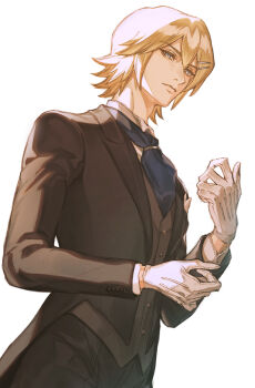 Rule 34 | 1boy, ace of diamond, ascot, black pants, blonde hair, blue ascot, blue eyes, buttons, closed mouth, collared shirt, commentary request, from below, gloves, hair between eyes, hair ornament, hairpin, jacket, looking at viewer, male focus, okumura koushuu, pants, renorenoko, shirt, short hair, simple background, solo, white background, white shirt