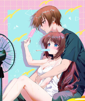 1boy 1girl a-chan_(little_busters!) alternate_costume alternate_hairstyle bare_arms black_shirt blue_background blue_eyes blush border breasts brown_eyes brown_hair camisole casual cleavage closed_mouth commentary_request couple drop_shadow electric_fan feet_out_of_frame fingernails floating_hair food food_in_mouth from_side hair_between_eyes hand_up hetero highres holding holding_food holding_popsicle hot hug hug_from_behind knees_up large_breasts leaning_forward little_busters! long_hair looking_up miiizuno_lbs natsume_kyousuke pink_border ponytail popsicle popsicle_in_mouth profile round_eyewear shirt short_hair short_sleeves sidelocks simple_background sitting spaghetti_strap sweat very_long_hair white_camisole wind