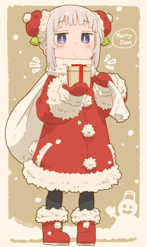 1girl bell black_thighhighs blush border brown_background bun_cover christmas closed_mouth coat double_bun english_text expressionless gift gloves hair_bell hair_bun hair_ornament highres holding holding_gift holding_sack merry_christmas original petite purple_eyes red_coat red_footwear red_gloves sack samansa_ex snow snowman solo speech_bubble tabasa_(samansa_ex) thighhighs white_border white_hair