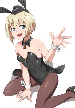 1girl alternate_costume black_leotard black_pantyhose black_shoes blonde_hair blue_eyes breasts commentary cross erica_hartmann highres insignia iron_cross leotard looking_at_viewer nanashino open_mouth pantyhose playboy_bunny shoes short_hair simple_background sitting small_breasts solo strike_witches white_background world_witches_series wrist_cuffs
