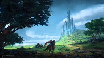 1other ambiguous_gender artist_name blue_sky building cape castle cloud commentary day english_commentary grass hill horse horseback_riding jjcanvas landscape original outdoors painterly path red_cape riding road rock scenery signature sky solo tree watermark web_address wide_shot