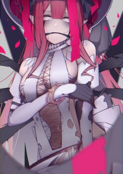 Rule 34 | 1girl, baobhan sith (fate), baobhan sith (third ascension) (fate), breasts, cleavage, detached sleeves, dress, fate/grand order, fate (series), gag, grey eyes, highres, long hair, looking at viewer, navel, pink hair, pointy ears, revealing clothes, sidelocks, solo, white dress, zakiz4kisos0