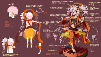 Rule 34 | 1girl, absurdres, anklet, barefoot, commentary request, drill hair, flower, full body, highres, jewelry, long hair, looking at viewer, lotus, midriff, open mouth, orange eyes, orange pants, outstretched arm, pants, peru co, pointing out the details, purple background, reference sheet, sash, solo, stuffed toy, translation request, tsuina-chan, twin drills, voiceroid