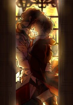 2boys book brown_hair closed_eyes collar floating_clothes gryffindor hand_on_another's_arm hand_on_another's_back hand_on_another's_head hand_on_another's_waist harry_potter_(series) height_difference hogwarts_school_uniform long_hair male_focus multiple_boys necktie paper ponytail profile qianchuan0218 remus_lupin robe school_uniform shirt short_hair sirius_black standing striped_necktie white_shirt wing_collar wizarding_world yaoi