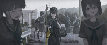 6+girls absurdres bag bicycle black_bag black_hair black_shoes blue_neckerchief building closed_eyes closed_mouth grey_serafuku grey_sky highres holding holding_umbrella kneehighs kogumo_kei multiple_girls neckerchief original outdoors overcast power_lines pushing_bicycle school_bag school_uniform serafuku shoes short_sleeves skirt sky socks solo_focus umbrella utility_pole walking white_socks yellow_umbrella
