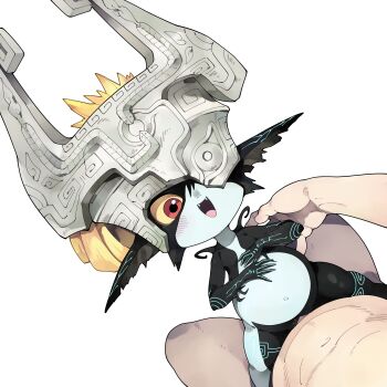 1boy 1girl absurdres black_skin blush colored_sclera colored_skin commentary_request helmet hetero highres midna multicolored_skin navel nintendo nude one_eye_covered open_mouth pointy_ears red_eyes sex smile the_legend_of_zelda the_legend_of_zelda:_twilight_princess two-tone_skin yellow_sclera youjo_modoki