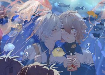 Rule 34 | 2boys, absurdres, aged down, alternate costume, antenna hair, aquarium, black shirt, black sweater, blonde hair, blue jacket, blush, chinese commentary, commentary request, facial tattoo, fang, fish, gradient hair, highres, honkai: star rail, honkai (series), jacket, jellyfish, kiss, kissing cheek, liangqi88478, male focus, multicolored hair, multicolored jacket, multiple boys, mydei (honkai: star rail), neck tattoo, parted bangs, phainon (honkai: star rail), red hair, red tattoo, shirt, short hair, sun symbol, sun tattoo, sweater, tan, tattoo, turtleneck, turtleneck sweater, two-tone jacket, white hair, white jacket, yaoi, yellow eyes