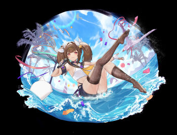 1girl absurdres armband bare_shoulders black_sailor_collar black_shorts blue_choker blue_sky brown_hair brown_socks brown_thighhighs character_request check_copyright chinese_commentary choker closed_mouth cloud cloudy_sky commentary_request copyright_request day fingerless_gloves fingernails full_body gloves hair_ornament highres holding holding_microphone kneehighs legs_up liutiao long_sidelocks looking_at_viewer microphone nail_polish neckerchief no_shoes on_water original purple_nails red_eyes sailor_collar short_twintails shorts sidelocks single_thighhigh sitting sky sleeveless socks solo thighhighs toes twintails warship_girls_r water white_gloves yellow_neckerchief