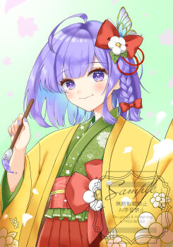 1girl absurdres alternate_hair_color alternate_hairstyle blue_hair blush bow braid calligraphy_brush closed_mouth colored_inner_hair commentary floral_print flower gradient_hair green_kimono hair_bow hair_flower hair_ornament hakama hakama_skirt hieda_no_akyuu highres holding holding_calligraphy_brush holding_paintbrush japanese_clothes kimono long_sleeves looking_at_viewer multicolored_hair paintbrush print_kimono purple_eyes purple_hair purple_nails red_bow red_hakama ringo33757 sample_watermark side_braid single_braid skirt smile solo touhou watermark white_flower wide_sleeves yellow_kimono