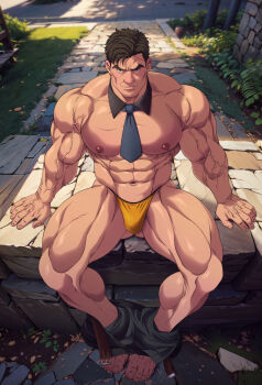 Rule 34 | 1boy, abs, ai-generated background, bara, barefoot, bikini briefs, cheekbones, clothes pull, detached collar, fire emblem, fire emblem: path of radiance, greil, large pectorals, looking at viewer, male focus, male underwear, muscular, muscular legs, muscular male, navel, necktie, nintendo, nipples, paid reward available, pants, pants pull, pectorals, ryans, scar, scar on face, scar on forehead, short hair, sitting, solo, thighs, underwear, variant set, veins, veiny arms