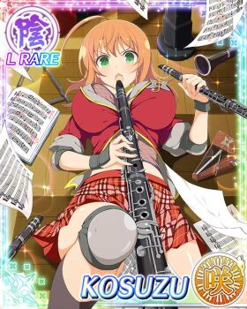 1girl :o ahoge ankle_socks armor border breasts card_(medium) chainmail character_name clarinet dual_wielding elbow_pads english_text fishnets game_cg green_eyes holding holding_instrument instrument jacket knee_pads knee_up kosuzu_(senran_kagura) large_breasts looking_at_viewer lying medium_hair metronome midriff official_alternate_costume official_art on_back orange_hair plaid_clothes plaid_skirt red_jacket red_skirt senran_kagura senran_kagura_new_wave sheet_music skirt socks solo